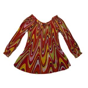 Y2K Milano Psychedelic Swirl Pleated Tunic Top Off Shoulder Medium